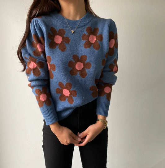 Floral Print Dark Blue Sweater