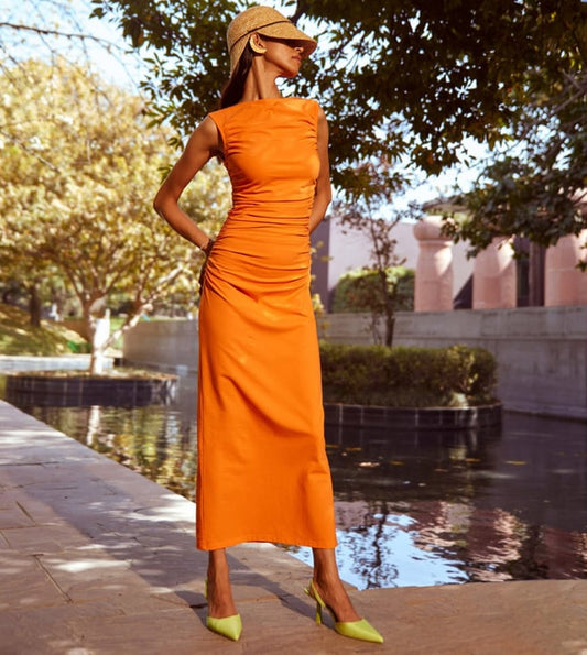 Qua Tangerine Quintenssence Ruched Maxi Dress