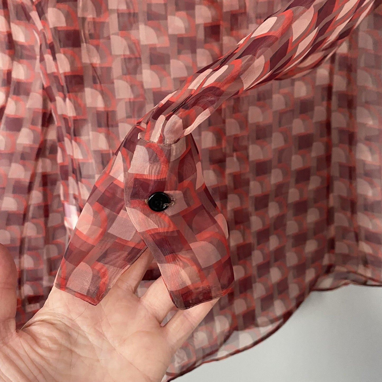 Zara Brown/Red Printed Organza Sheer Button Down Shirt Blouse Top