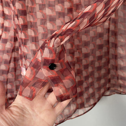Zara Brown/Red Printed Organza Sheer Button Down Shirt Blouse Top