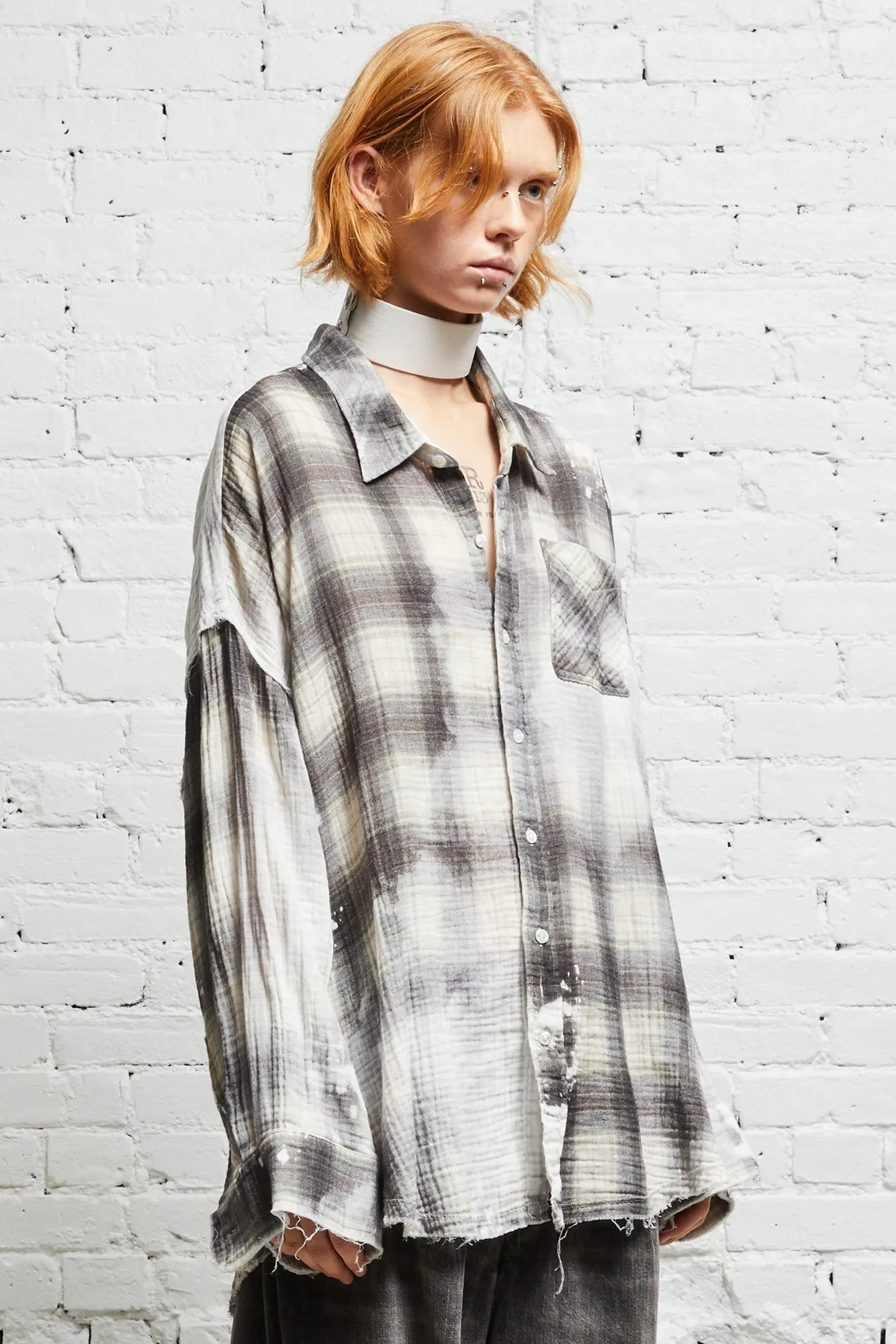 R13 Shredded Seam Drop Neck Printed Plaid Shirt