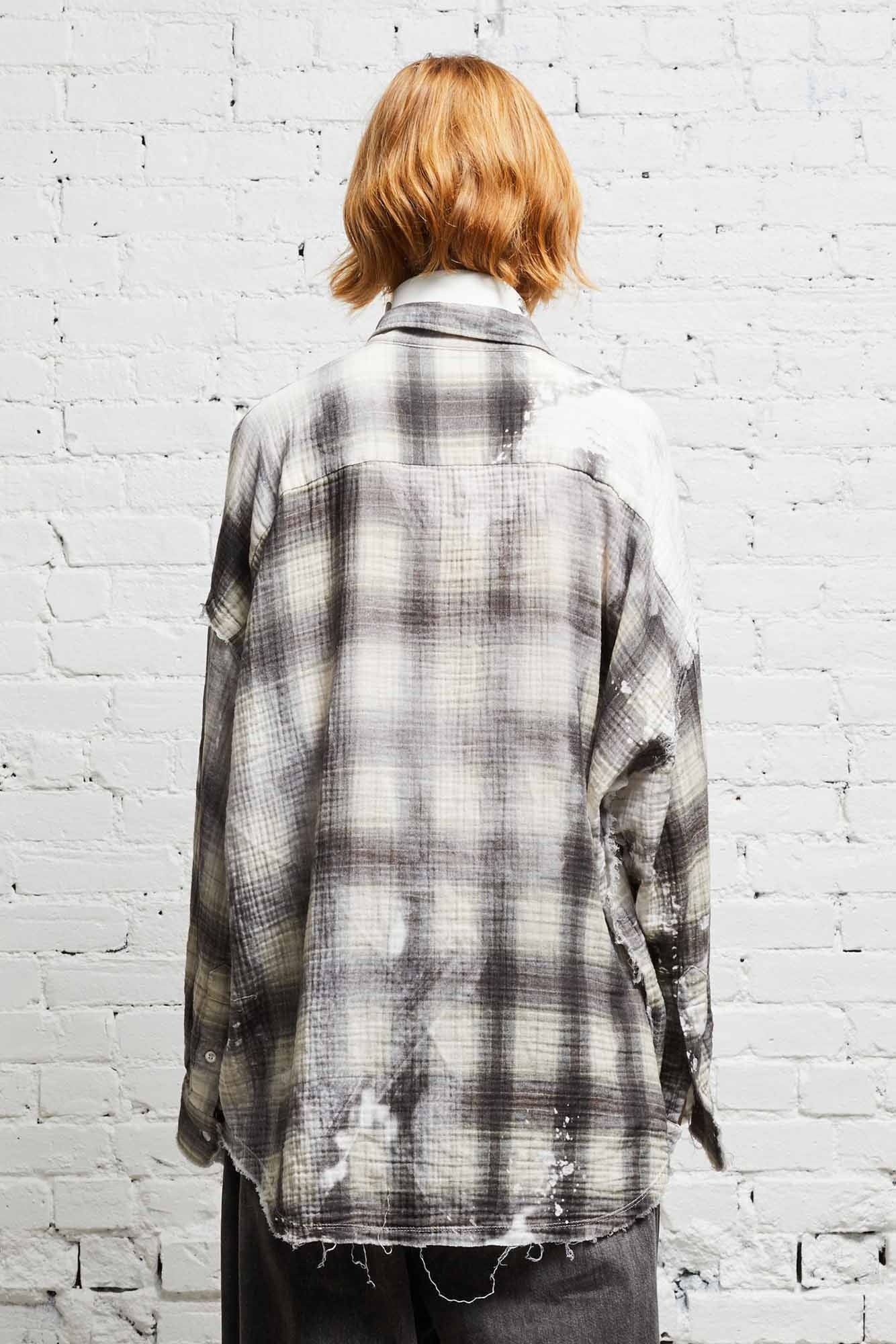 R13 Shredded Seam Drop Neck Printed Plaid Shirt