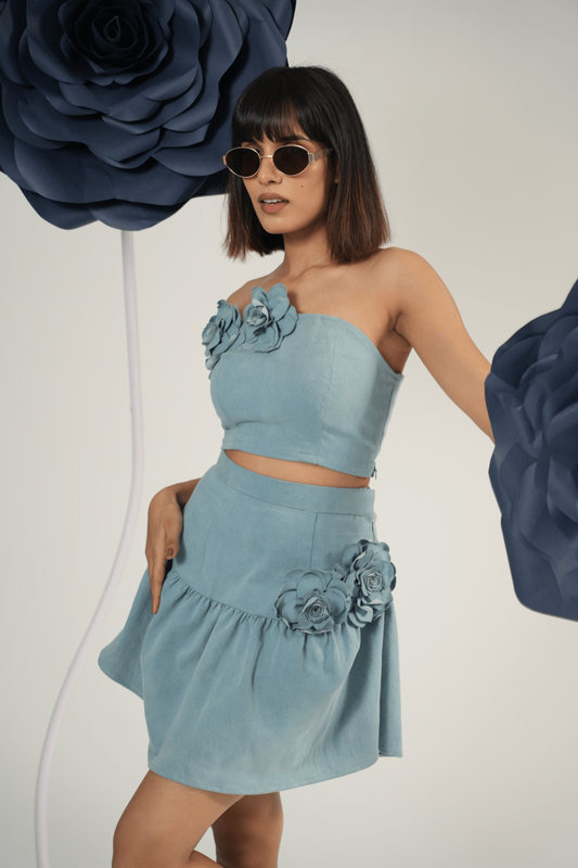 Denim Bloom Strapless Top With Bloom Gathered Mini Skirt