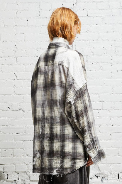 R13 Shredded Seam Drop Neck Printed Plaid Shirt