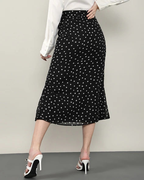 Shein Slit Feminine Polka-dot Pattern Midi (below The Knee) Skirt