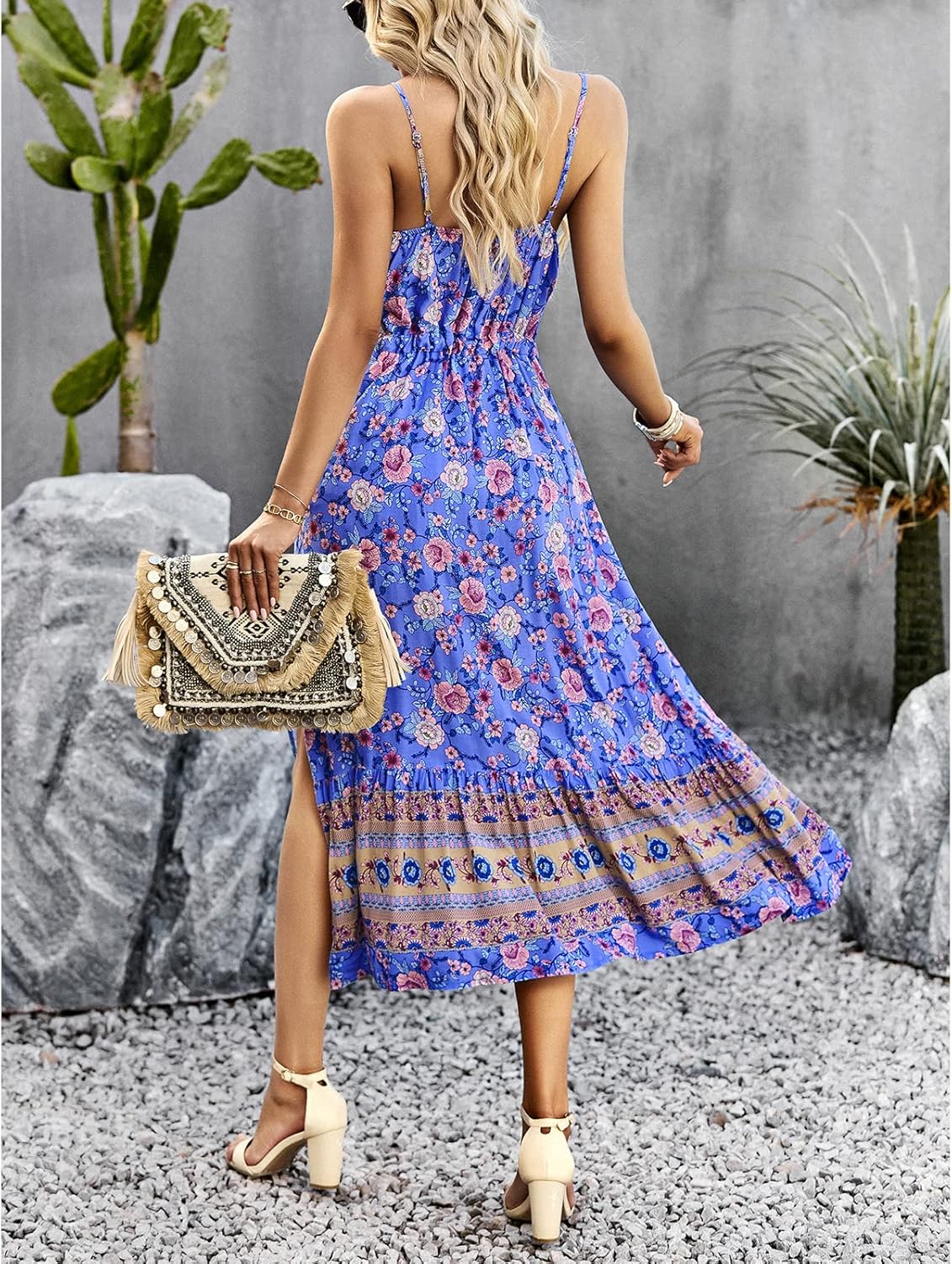 Women's Summer Boho Floral Print Sundress Spaghetti Strap V Neck Split Flowy Midi Dress