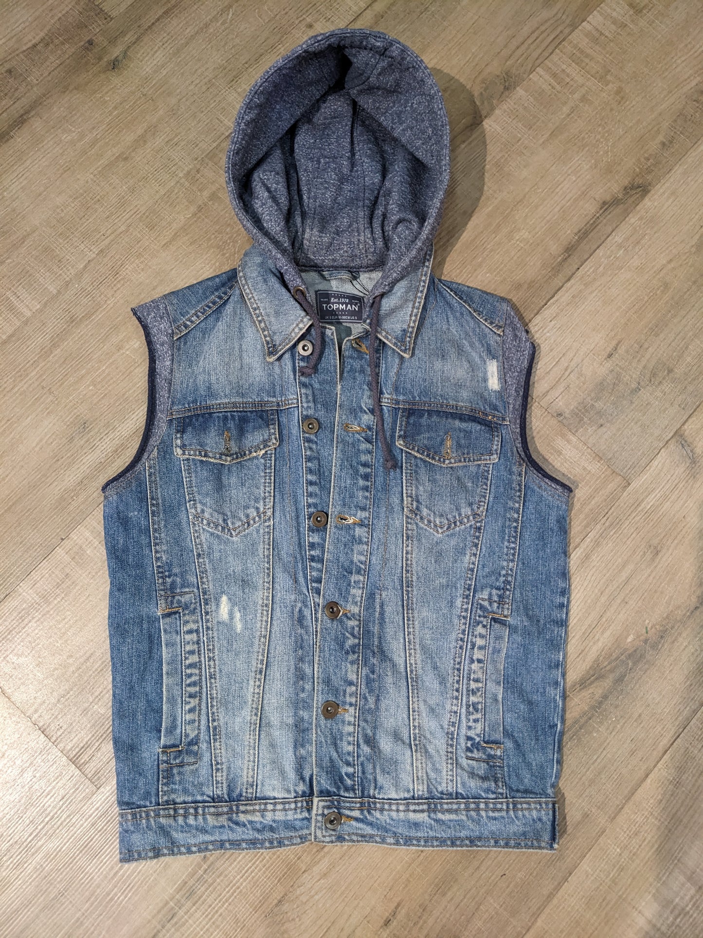 Topman Denim Sleeveless Jacket with hoodie