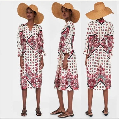 ZARA BLOGGER FAVE Cream Red Satin Paisley Bandana Scarf Printed Midi Wrap Dress
