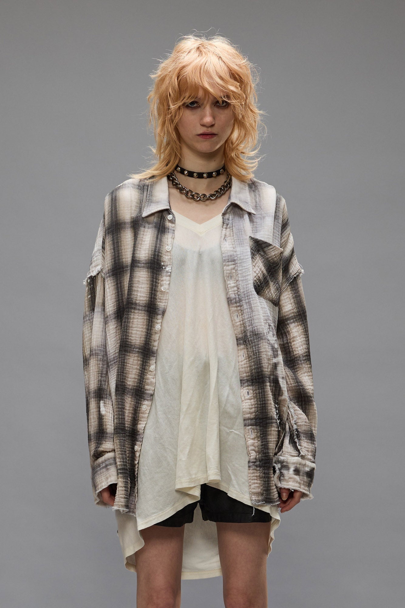 R13 Shredded Seam Drop Neck Printed Plaid Shirt
