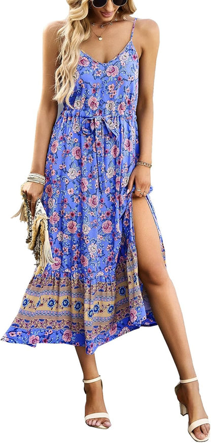 Women's Summer Boho Floral Print Sundress Spaghetti Strap V Neck Split Flowy Midi Dress
