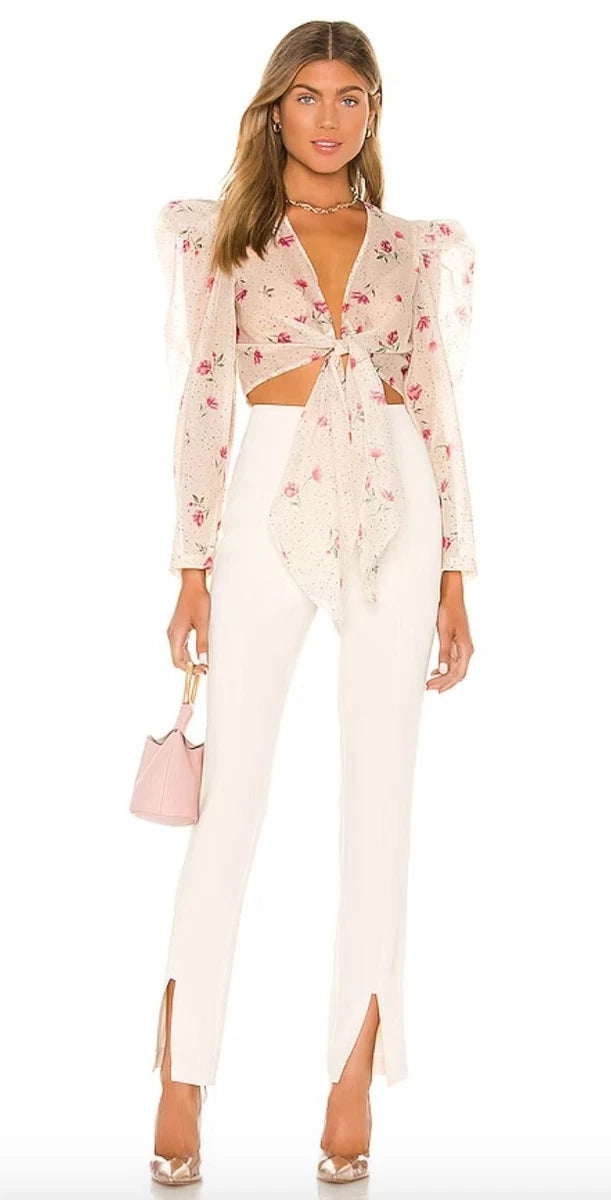 L' Academie The Lottie Long Sleeve Sheer Crop Top