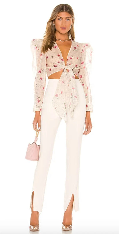 L' Academie The Lottie Long Sleeve Sheer Crop Top