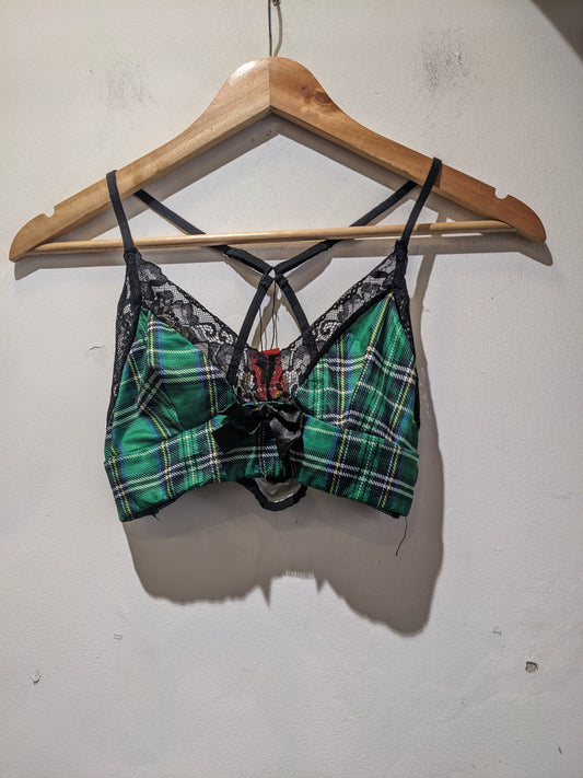 Green Checkered Bralette With Bow Detailing