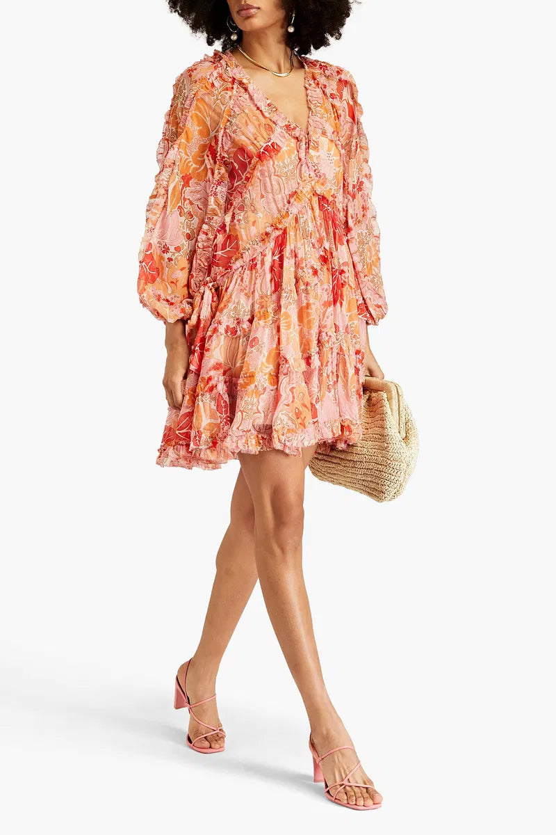 Zimmerman Ruffled Floral Silk Crepon Mini Dress