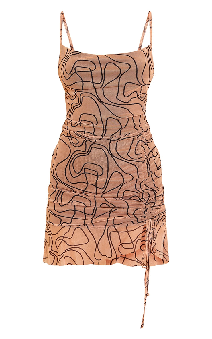 Pretty Little Thing Nude Abstract Line Print Ruched Bodycon Dress