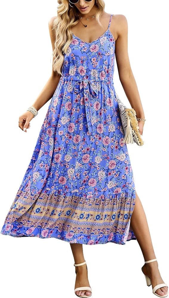 Women's Summer Boho Floral Print Sundress Spaghetti Strap V Neck Split Flowy Midi Dress