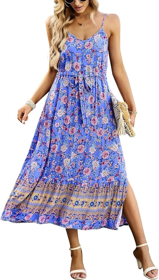Women's Summer Boho Floral Print Sundress Spaghetti Strap V Neck Split Flowy Midi Dress