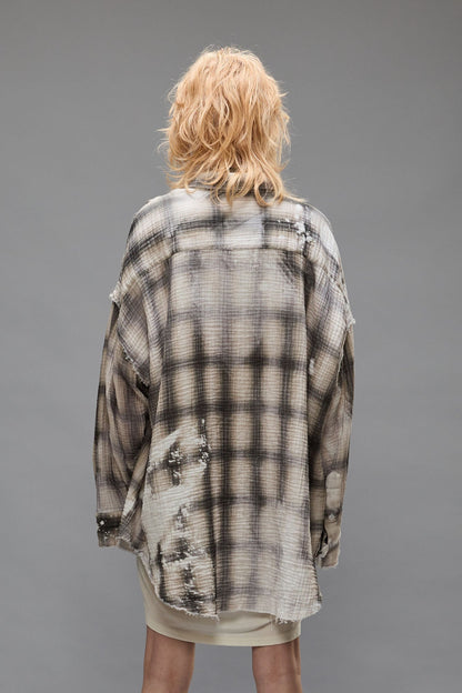 R13 Shredded Seam Drop Neck Printed Plaid Shirt