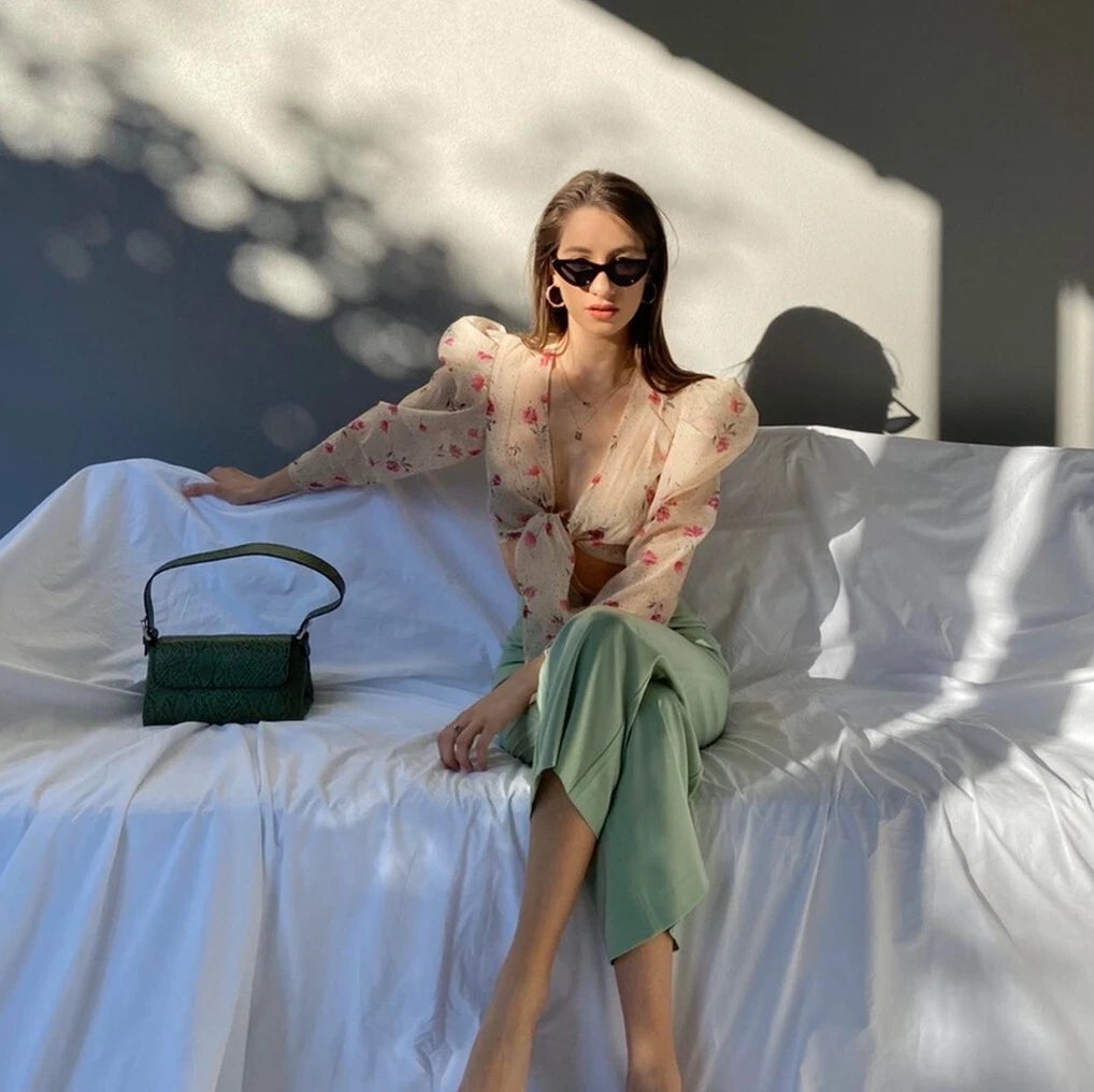 L' Academie The Lottie Long Sleeve Sheer Crop Top