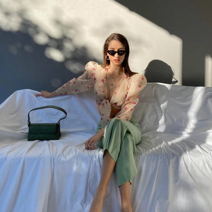 L' Academie The Lottie Long Sleeve Sheer Crop Top