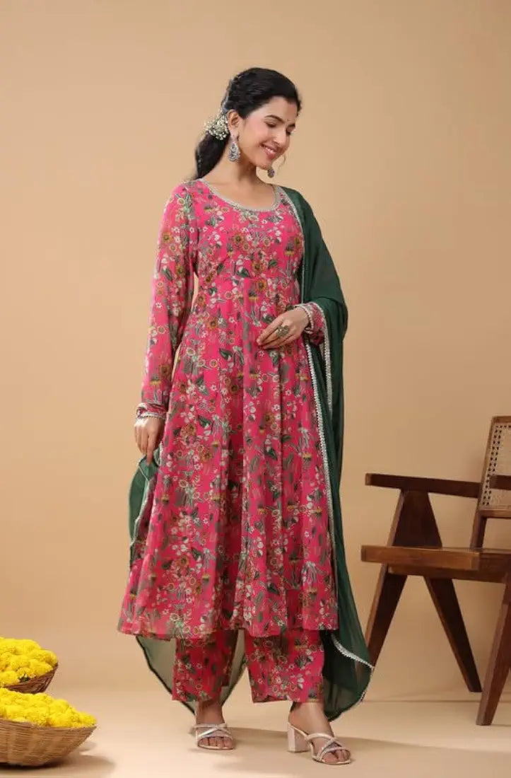 Janasya Pink Floral Kurta Set