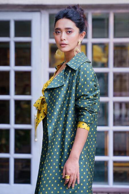 Koai Green Muslin Silk Crop Top V Neck Jacket Lapel Printed Pant Set With