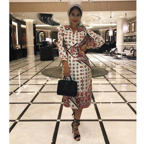 ZARA BLOGGER FAVE Cream Red Satin Paisley Bandana Scarf Printed Midi Wrap Dress