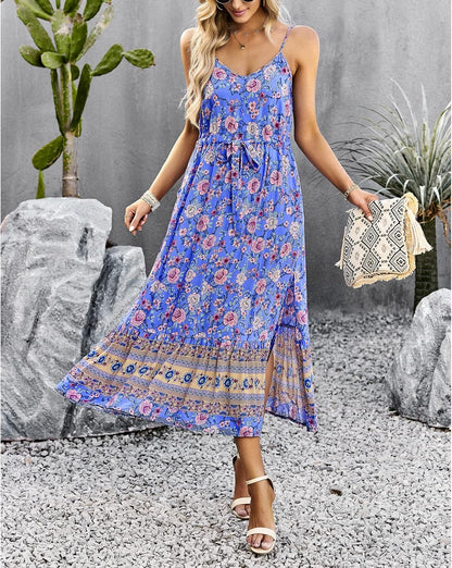 Women's Summer Boho Floral Print Sundress Spaghetti Strap V Neck Split Flowy Midi Dress