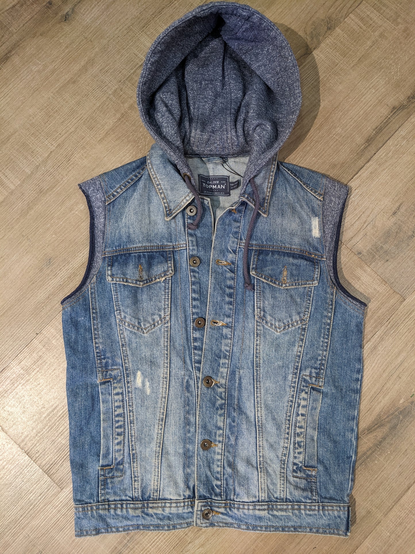 Topman Denim Sleeveless Jacket with hoodie