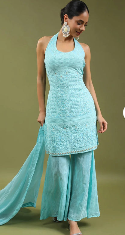 Handme Blue Floral Kurta With Sharara & With Dupatta