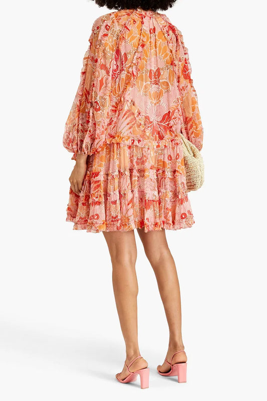 Zimmerman Ruffled Floral Silk Crepon Mini Dress