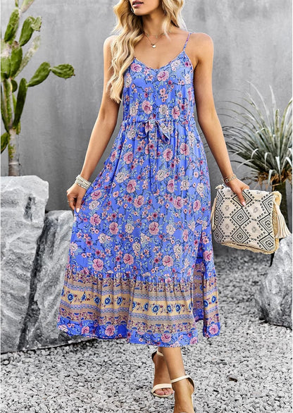 Women's Summer Boho Floral Print Sundress Spaghetti Strap V Neck Split Flowy Midi Dress