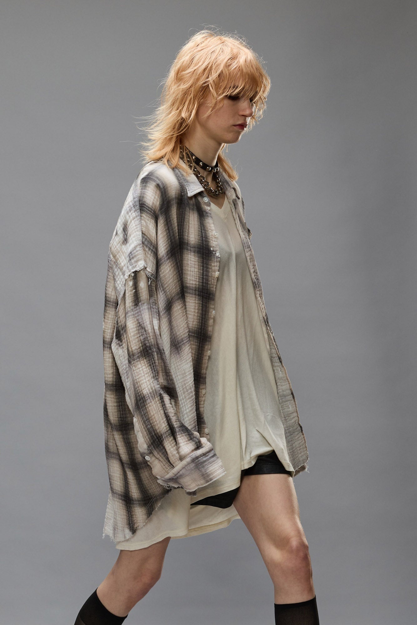 R13 Shredded Seam Drop Neck Printed Plaid Shirt