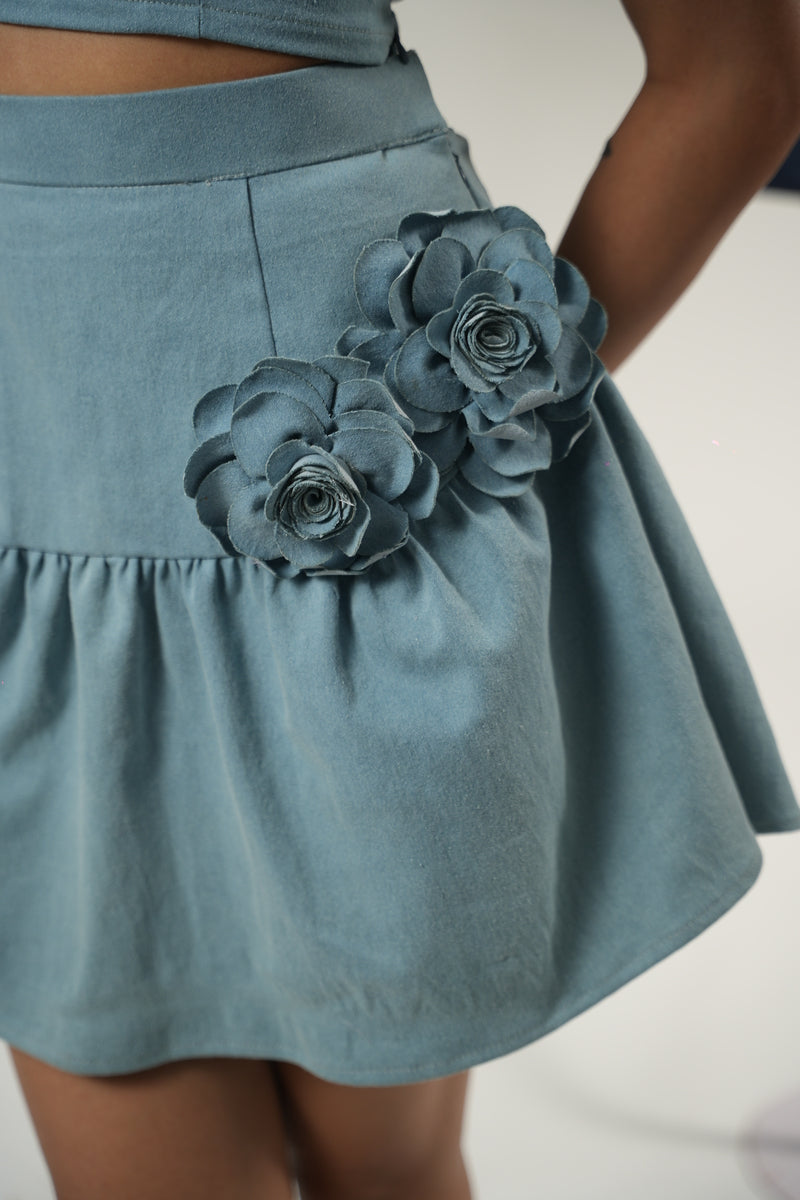 Denim Bloom Strapless Top With Bloom Gathered Mini Skirt