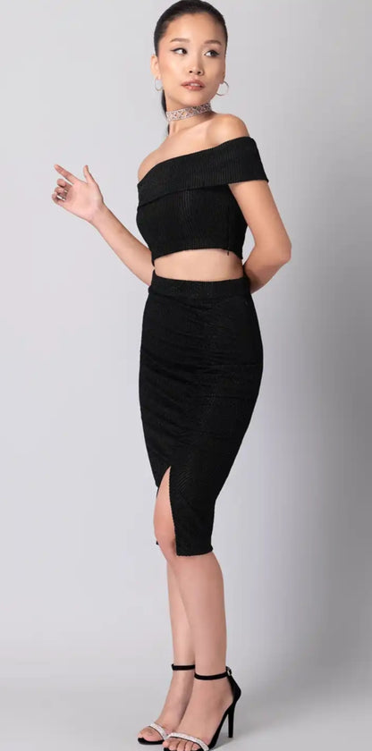 Faballey Black Off Shoulder Crop Top And Midi Skirt Co-ord Set