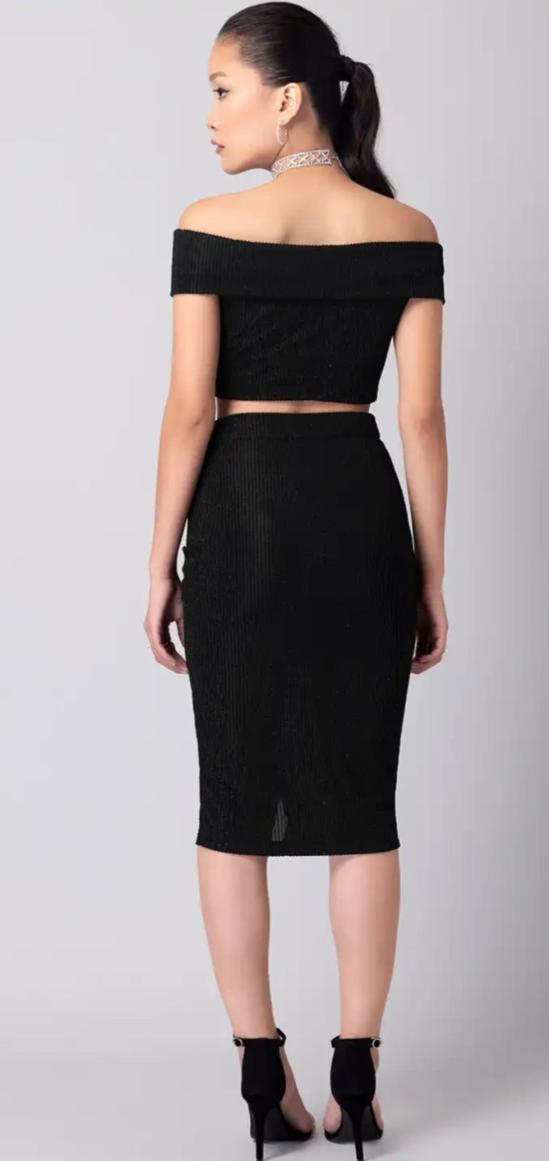 Faballey Black Off Shoulder Crop Top And Midi Skirt Co-ord Set
