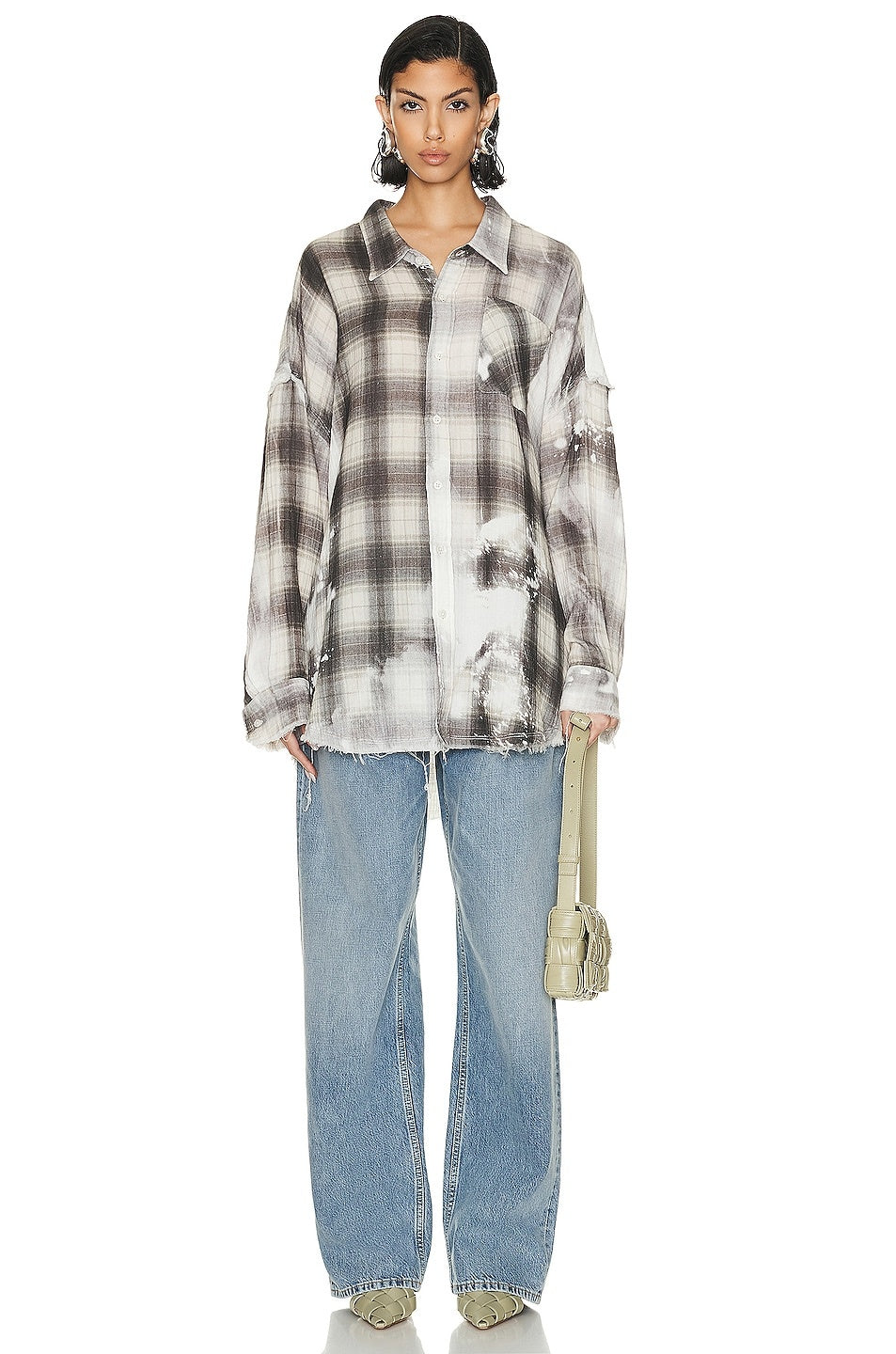 R13 Shredded Seam Drop Neck Printed Plaid Shirt