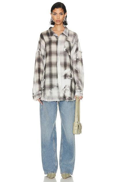 R13 Shredded Seam Drop Neck Printed Plaid Shirt