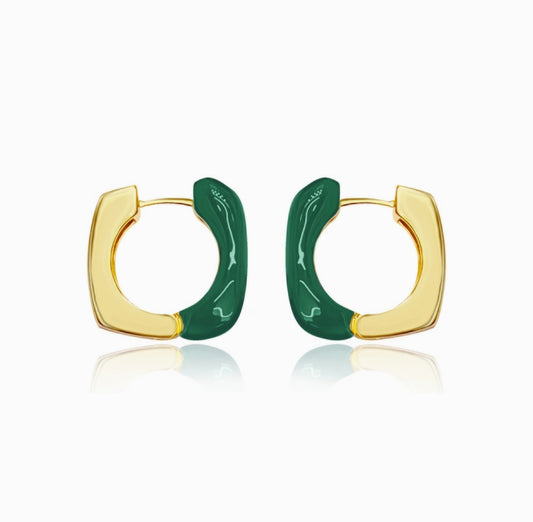 Gold Green Square Earrings