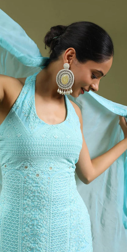 Handme Blue Floral Kurta With Sharara & With Dupatta