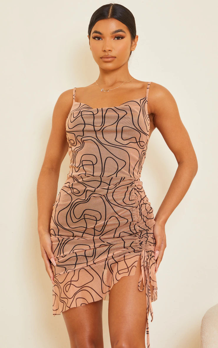 Pretty Little Thing Nude Abstract Line Print Ruched Bodycon Dress