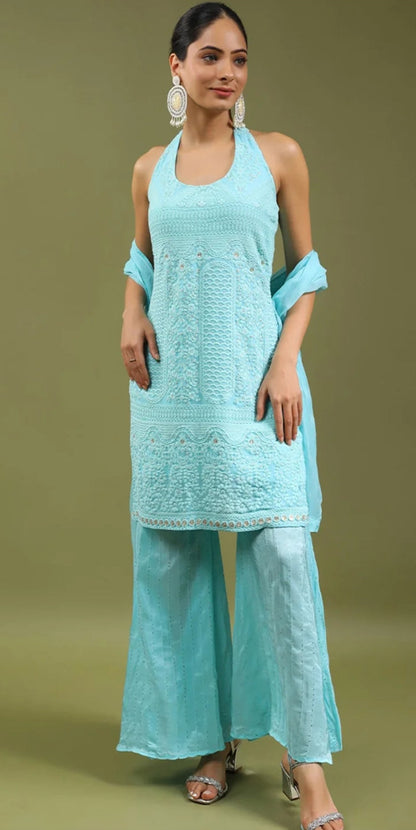Handme Blue Floral Kurta With Sharara & With Dupatta