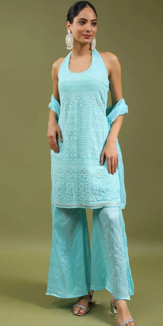 Handme Blue Floral Kurta With Sharara & With Dupatta