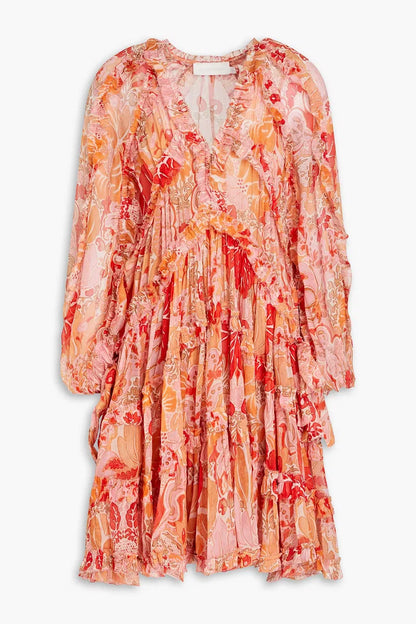 Zimmerman Ruffled Floral Silk Crepon Mini Dress