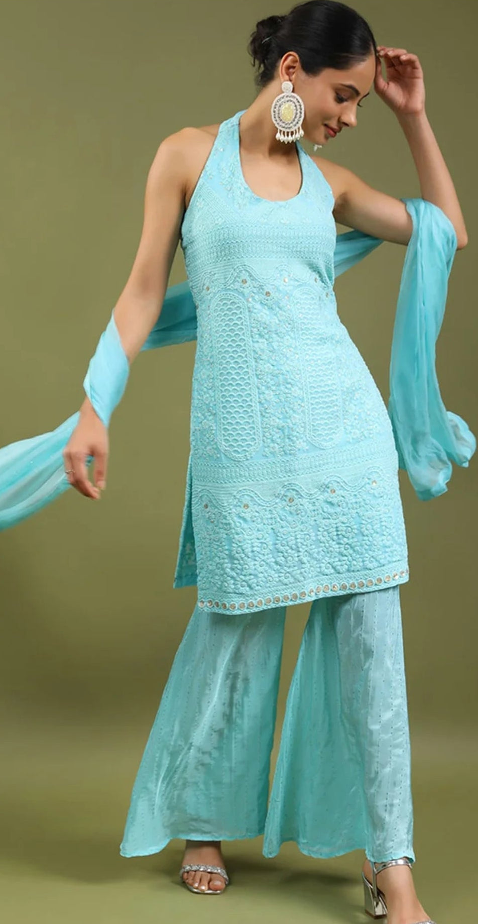 Handme Blue Floral Kurta With Sharara & With Dupatta