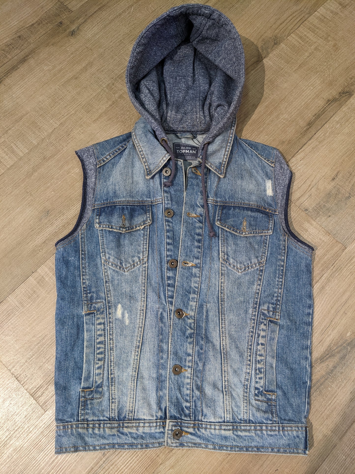 Topman Denim Sleeveless Jacket with hoodie