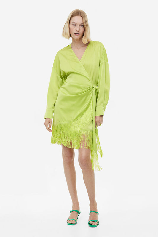 H&M- Green Fringe Wrap around dress