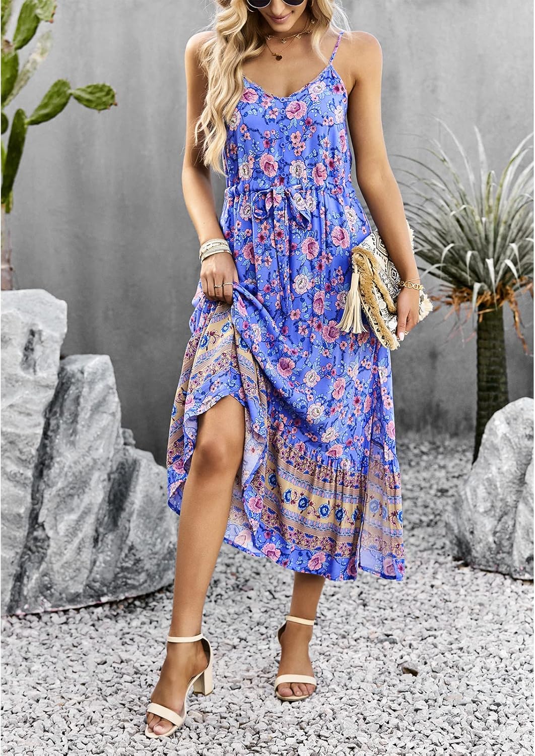 Women's Summer Boho Floral Print Sundress Spaghetti Strap V Neck Split Flowy Midi Dress