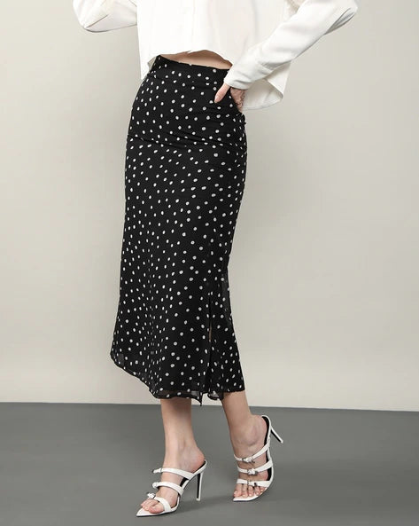 Shein Slit Feminine Polka-dot Pattern Midi (below The Knee) Skirt