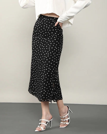 Shein Slit Feminine Polka-dot Pattern Midi (below The Knee) Skirt